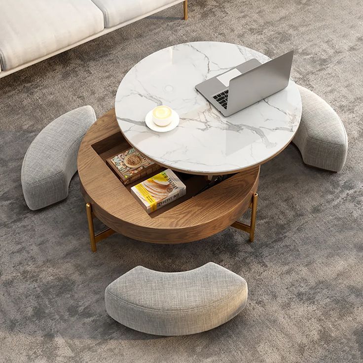 Modern Round Lift Top Coffee Table Set With Storage & 3 Ottomans White &  Walnut Homary | Table Basse Ronde, Table Basse En Pierre, Table Basse  Rangement Within Walnut Round Ottomans (View 3 of 15)