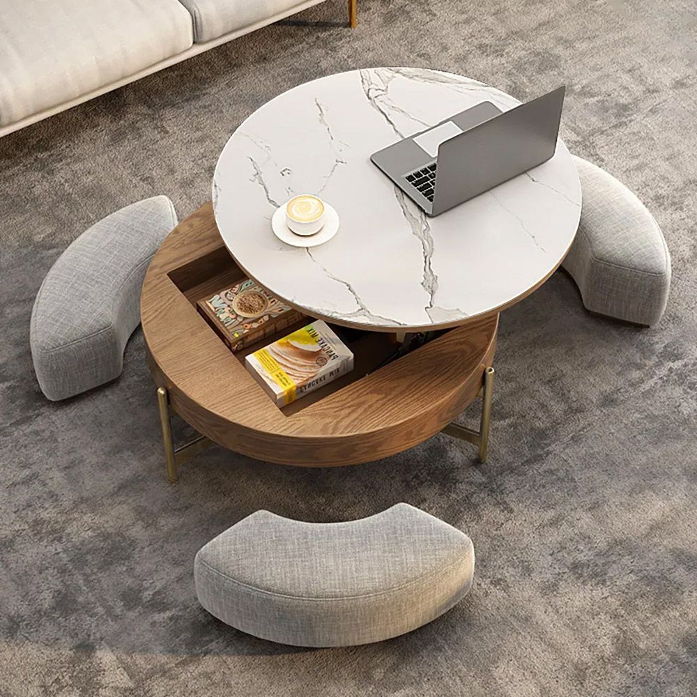 Modern Round Lift Top Coffee Table Set With Storage & 3 Ottomans White &  Walnut Homary With Regard To Ottomans With Walnut Wooden Base (View 6 of 15)