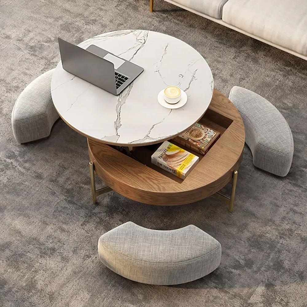 Modern Round Lift Top Coffee Table Set With Storage & 3 Ottomans White &  Walnut Homary With Walnut Round Ottomans (View 10 of 15)