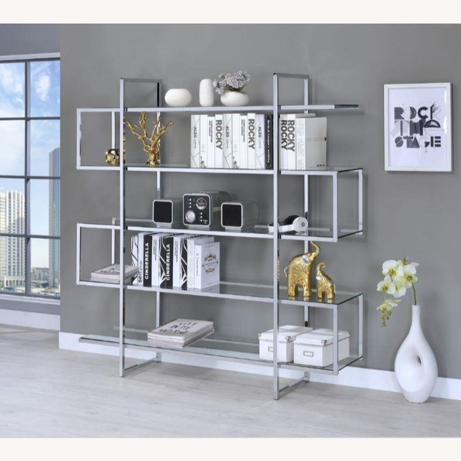 Modern Silver Metal Bookcase W/ Clear Glass Shelves – Aptdeco In Silver Metal Bookcases (View 6 of 15)
