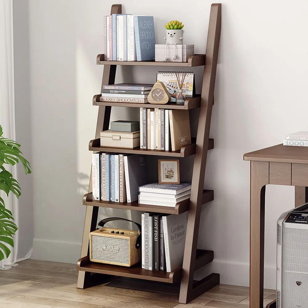 Modern Solid Wood 5 Tier Shelf Ladder Bookcase In Walnut Homary Regarding Wooden Ladder Bookcases (View 12 of 15)