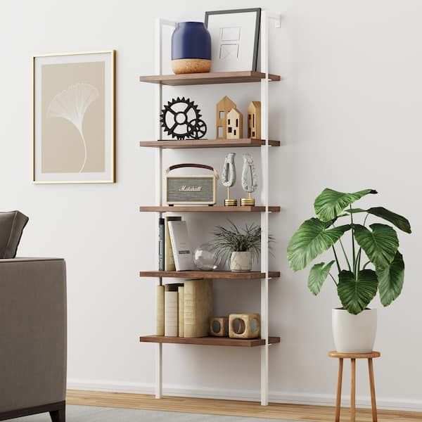 Nathan James Theo Natural Light Brown 5 Shelf Ladder Bookcase Or Bookshelf  With White Metal Frame 65502 – The Home Depot Pertaining To Natural Brown Bookcases (View 10 of 15)