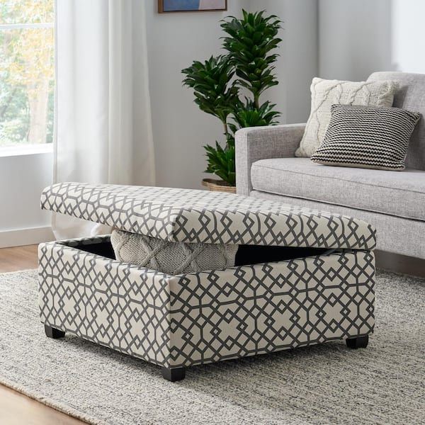 Noble House Achilles Grey Geometric Patterned Fabric Storage Ottoman 11187  – The Home Depot In Geometric Gray Ottomans (View 5 of 15)