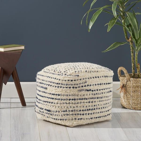 Noble House Calzona Ivory And Blue Cube Ottoman Pouf 68175 – The Home Depot With Ivory And Blue Ottomans (View 10 of 15)