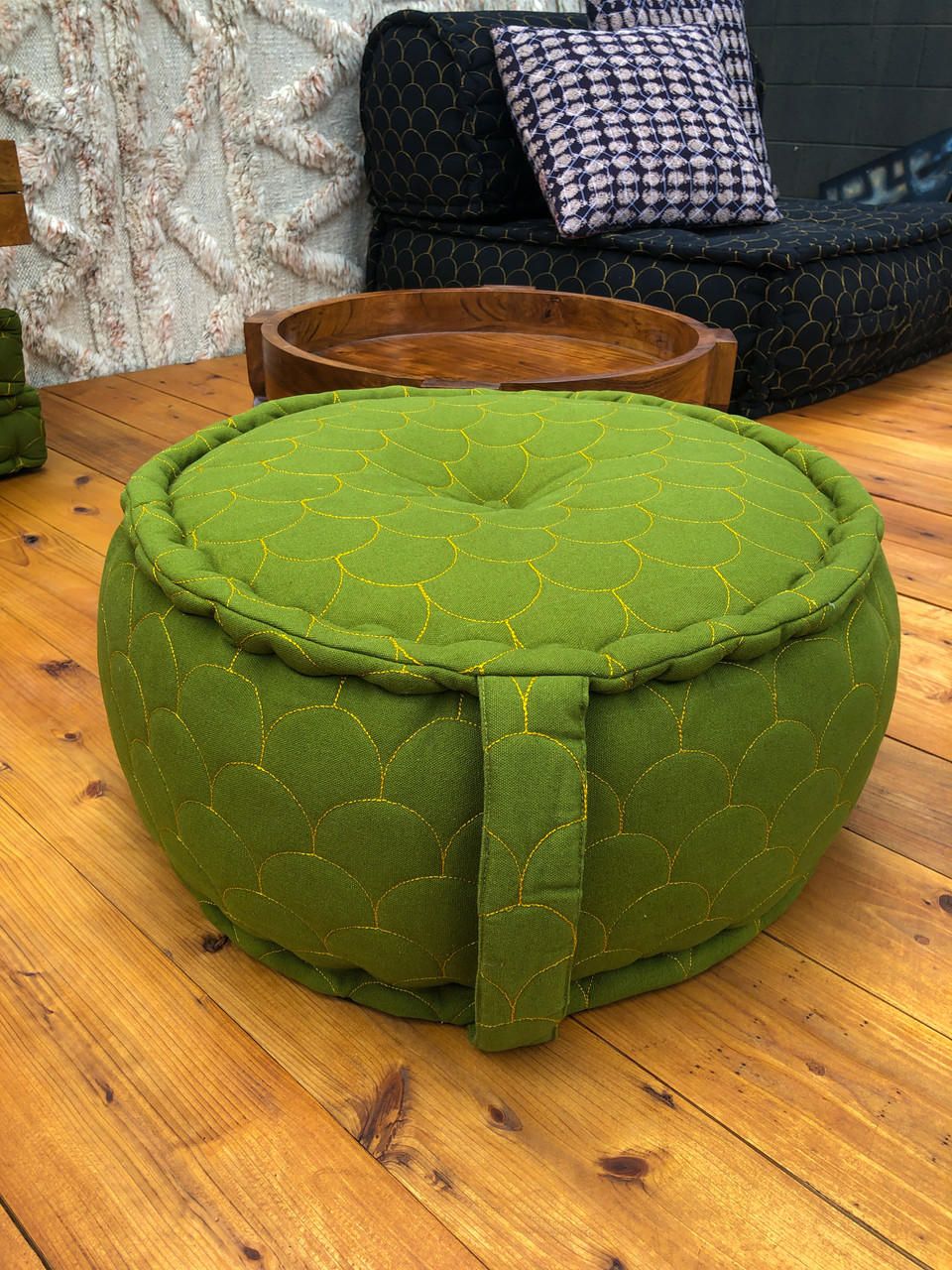 Ottoman Round Boho Chic Canvas Floor Cushion Pillow Pouf In Moss Green –  Indie Ella Lifestyle With Regard To Ottomans With Cushion (View 4 of 15)