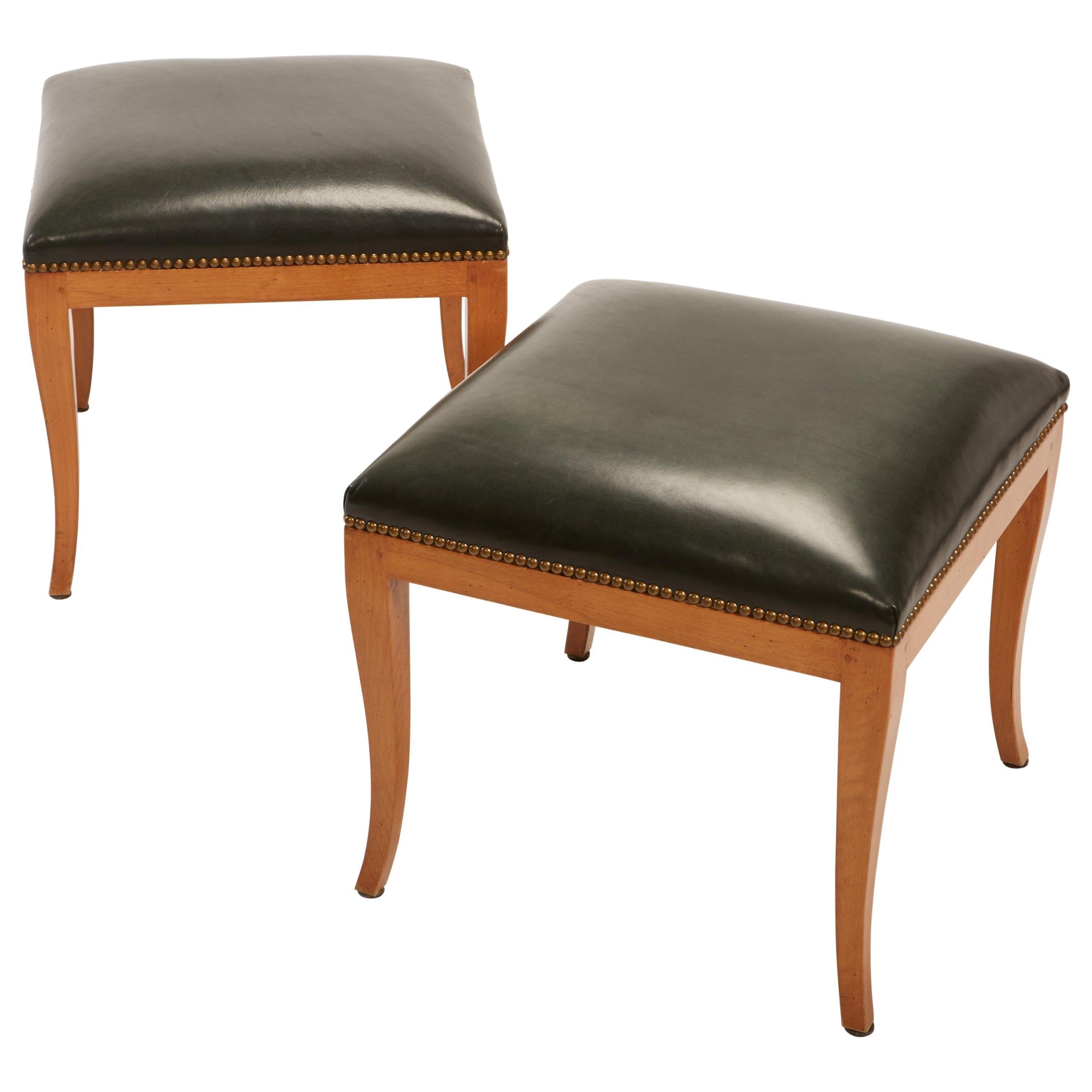 Pair Of Fruitwood Biedermeier Style Ottomans With Leather And Brass Tacks  For Sale At 1stdibs Within Antique Brass Ottomans (View 9 of 15)