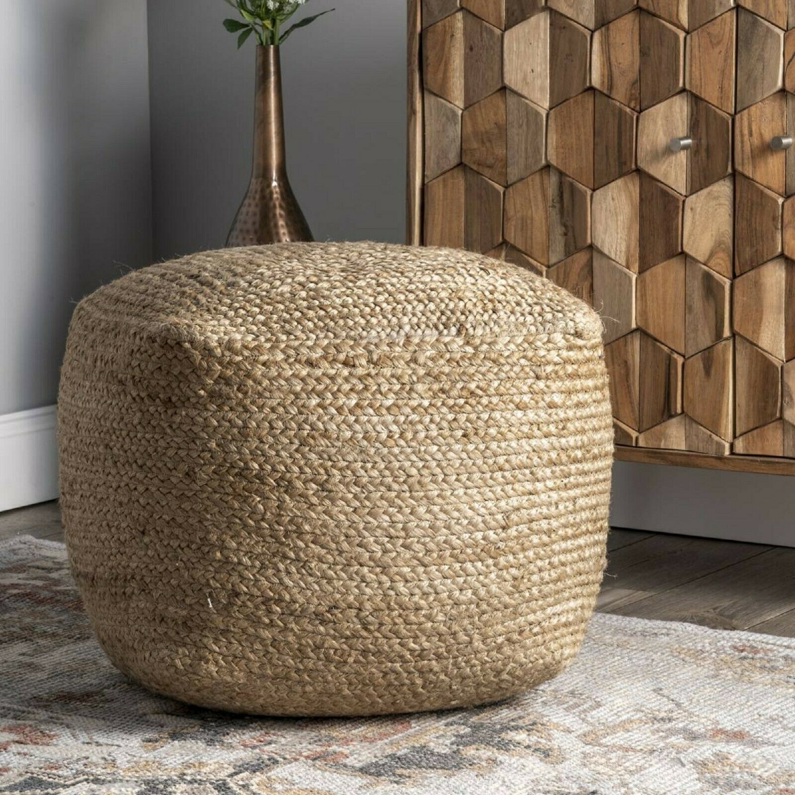 Pouf Natural Jute Cover Home Décor Braided Living Room Ottoman Foot Stool  Cover | Ebay Regarding Natural Ottomans (View 9 of 15)