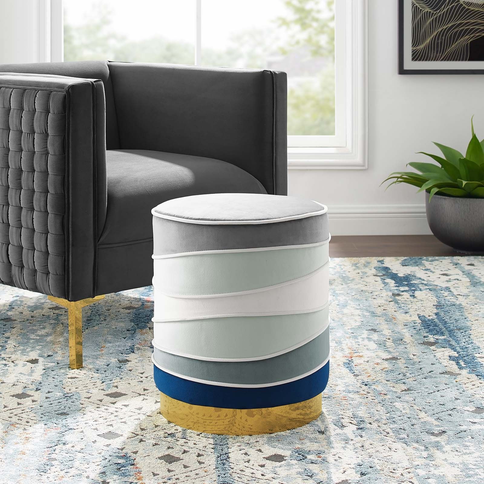 Ribbon Round Performance Velvet Ottoman In Multicolored – Hyme Furniture Within Multicolor Ottomans (View 4 of 15)