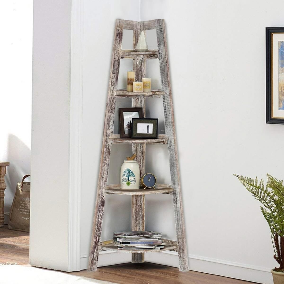 Riverton 5 Open Shelf Solid Wood Ladder Corner Bookcase Intended For Corner Ladder Bookcases (View 13 of 15)