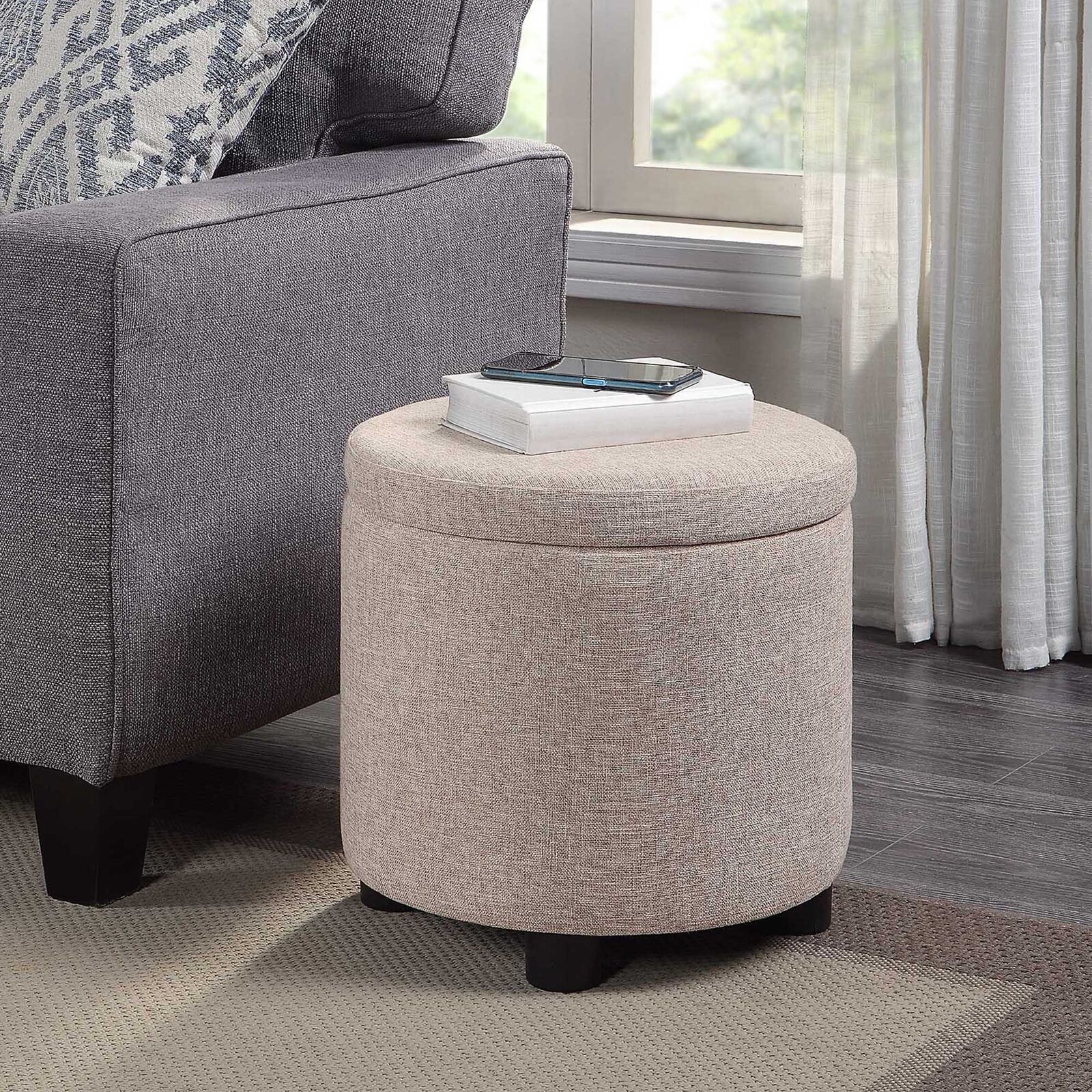 Round Accent Storage Ottoman With Reversible Tray Lid, Tan Fabric | Ebay Inside Ottomans With Stool And Reversible Tray (View 11 of 15)