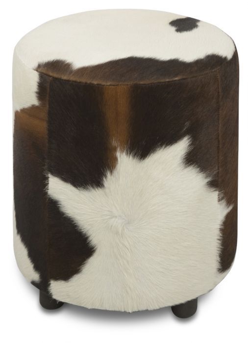 Round Cowhide Ottoman In Brown/white | April & Oak With Regard To White Cow Hide Ottomans (View 11 of 15)