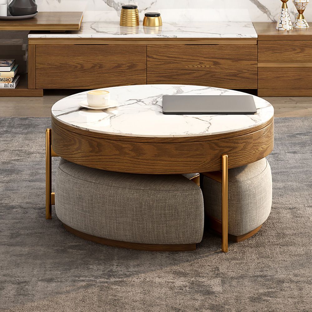Round Lift Top Coffee Table With Storage & 3 Ottoman  White&natural/white&black | Round Coffee Table Modern, Stone Coffee Table,  Coffee Table Within Walnut Round Ottomans (View 4 of 15)