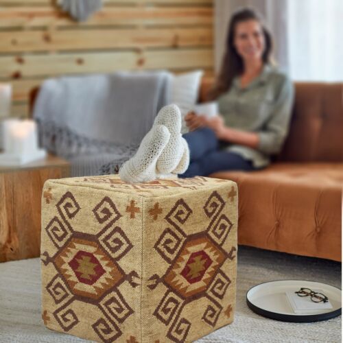 Rustic Ottomans Footstools Pouf Cover Kilim Wool Jute Pouffe 18 Inch Floor  Pouf | Ebay Within 18 Inch Ottomans (Photo 9 of 15)