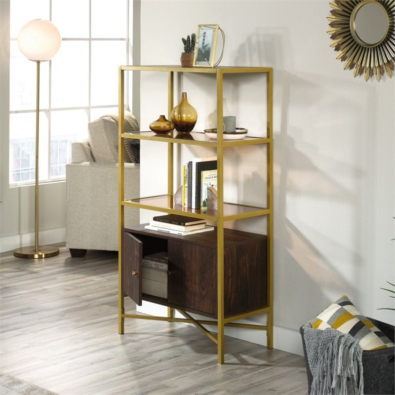 Sauder Harper Heights 3 Glass Shelf Bookcase In Rich Walnut And Gold |  Bushfurniturecollection With Gold Glass Bookcases (View 14 of 15)