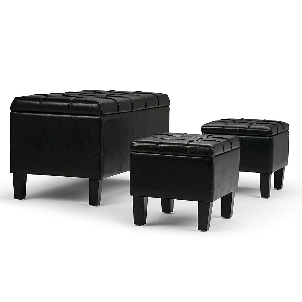 Simpli Home Dover Rectangular Faux Leather Storage Ottoman Bench (set Of 3)  Midnight Black Axcot 238 Bl – Best Buy For Black Faux Leather Ottomans (View 13 of 15)