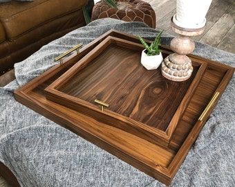 Solid Black Walnut Ottoman Tray Hardwood Oversized Tray Square – Etsy Uk Throughout Ottomans With Walnut Wooden Base (View 12 of 15)