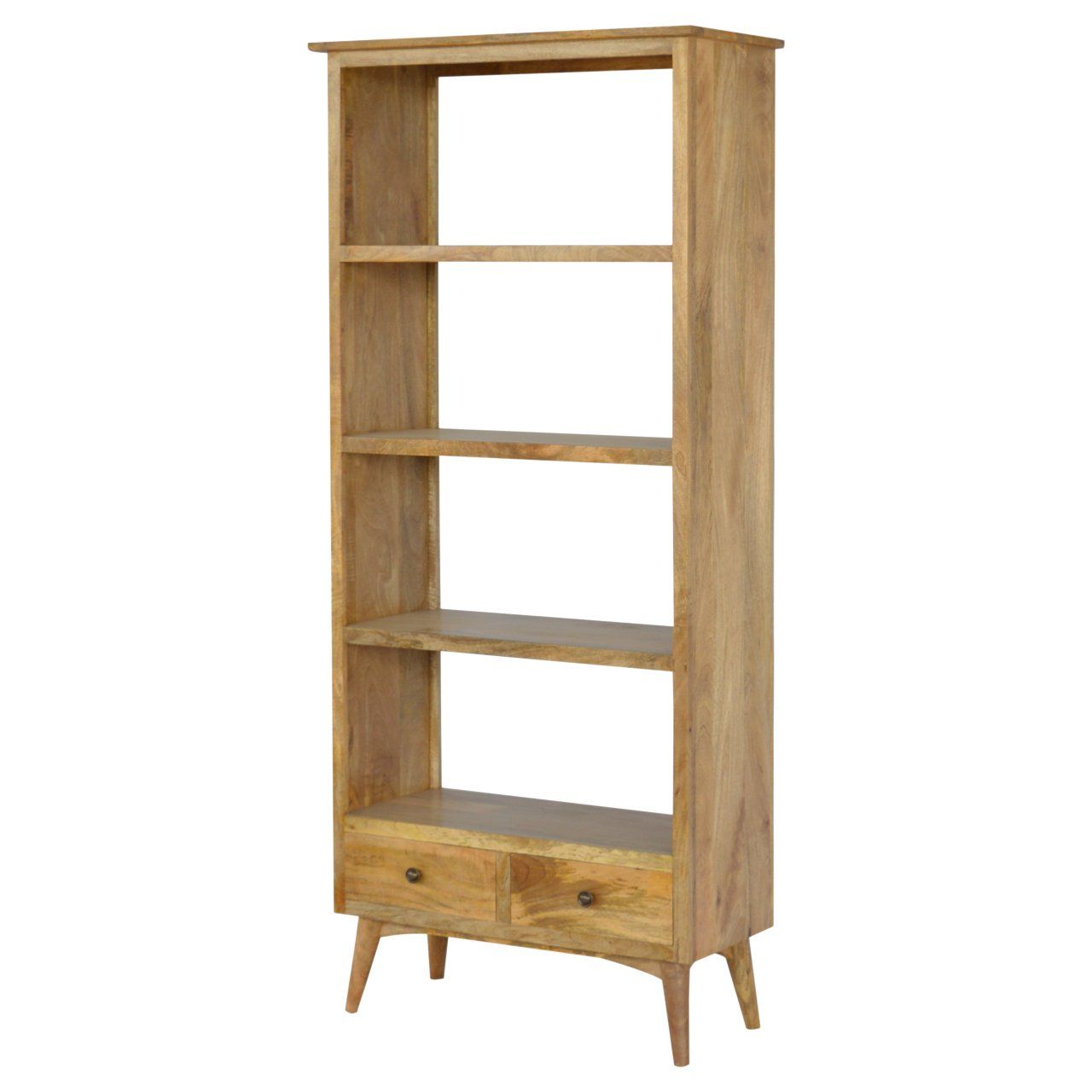 Solid Oak Finished Mango Wood Four Shelves Two Drawer Bookcase – Mango Wood  Furniture In Mango Wooden Bookcases (View 7 of 15)