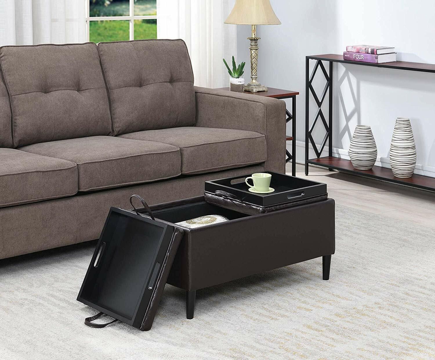 Storage Ottoman Coffee Table Brown Faux Leather Reversible Tray Top Living  Room | Ebay Throughout Storage Ottomans With Reversible Trays (View 6 of 15)