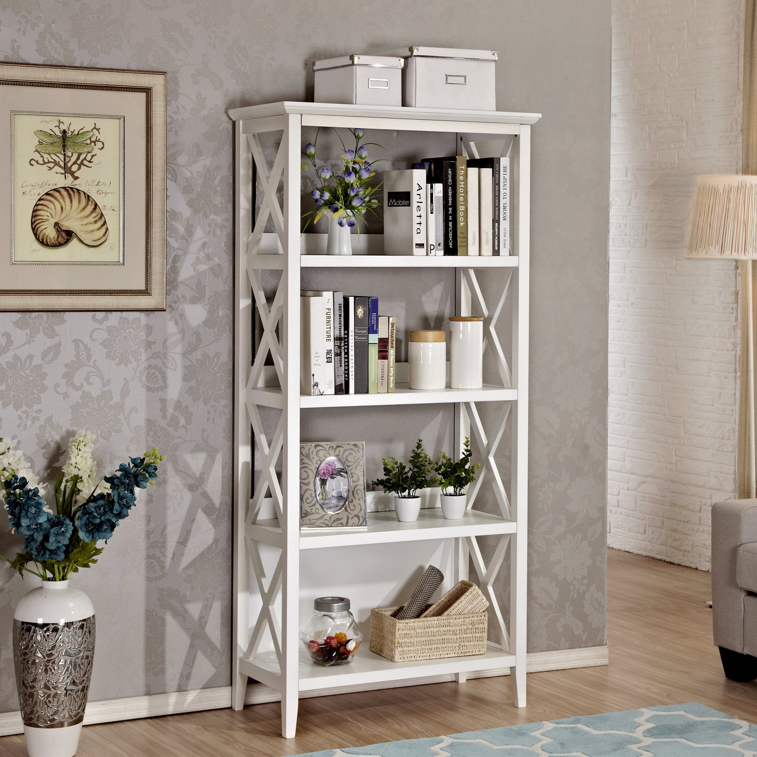 Suzicca 4 Tier Bookcases, 67'' Bookshelf With Sturdy Solid Frame, Shelves  For Home And Office Organizer, White – Walmart For Solid White Bookcases (View 10 of 15)
