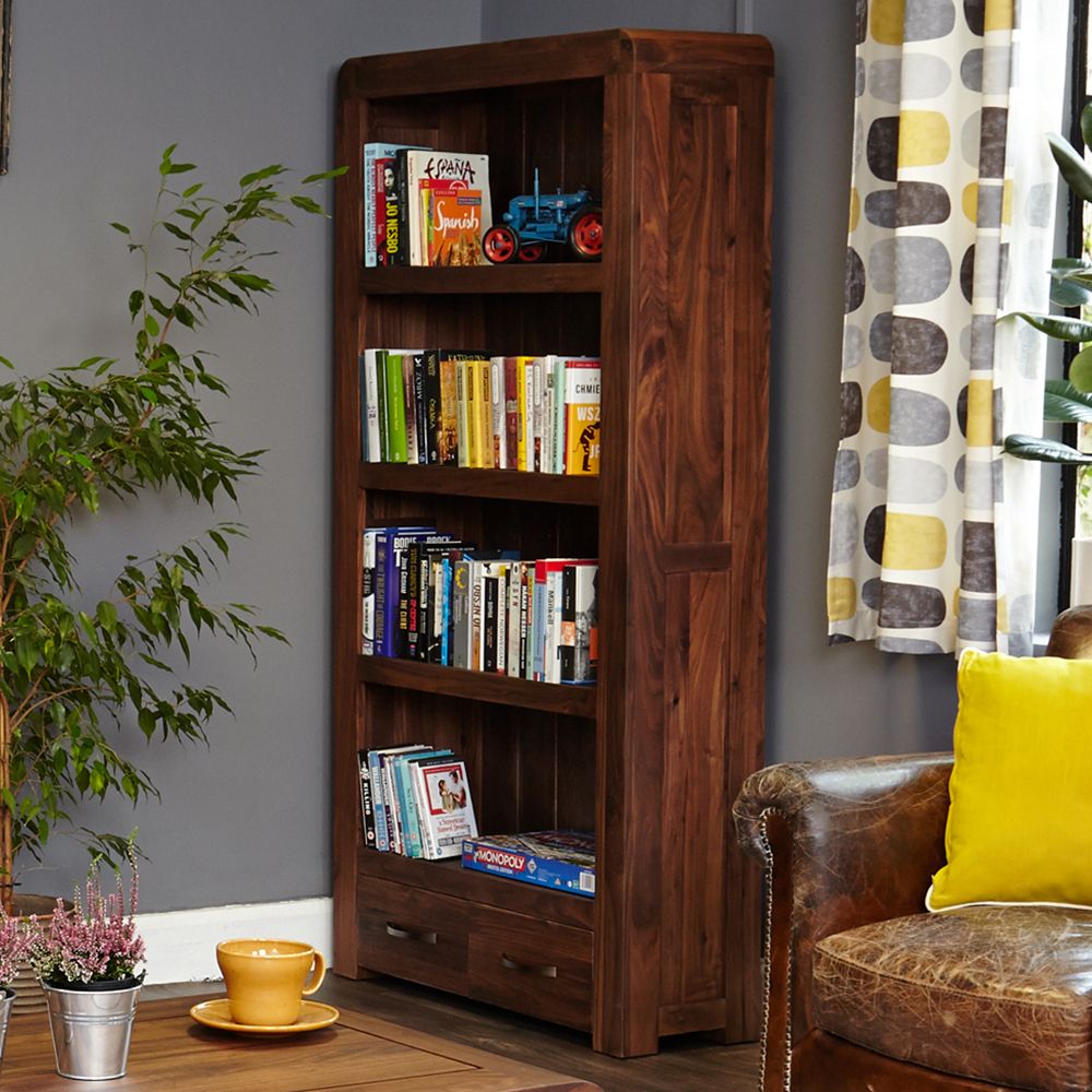 Tall 88cm 2 Drawer Bookcase – Retro Solid Walnut Collection Intended For Two Drawer Bookcases (View 3 of 15)