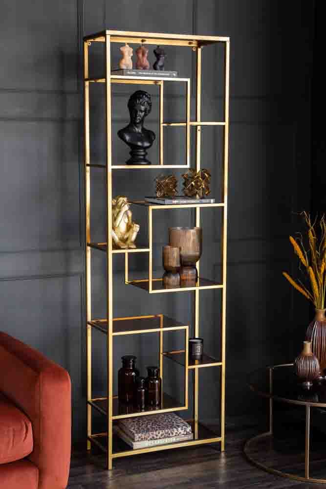 Tall Gold & Glass Art Deco Shelving Unit | Rockett St George Throughout Gold Bookcases (View 6 of 15)