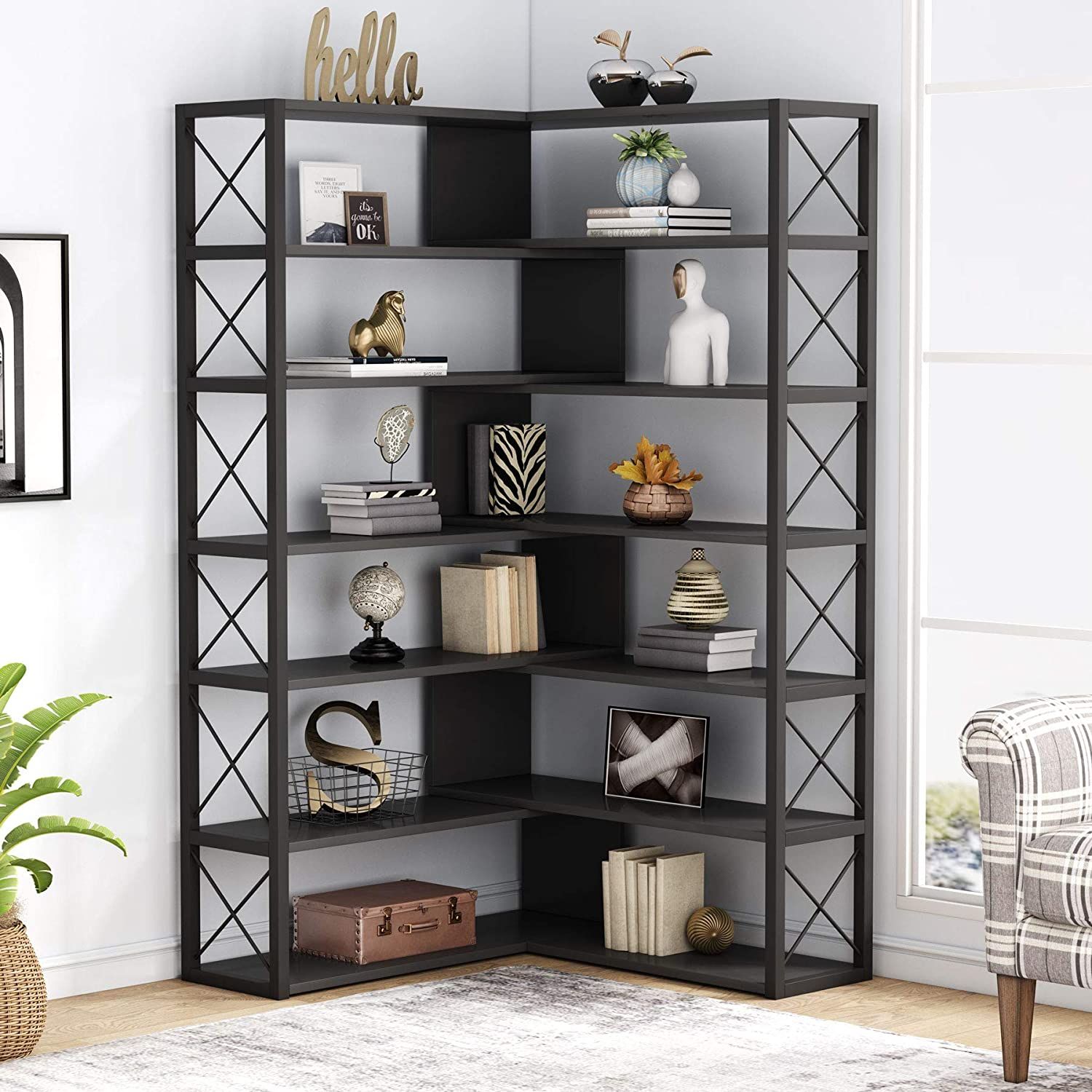 Tribesigns 6 Shelf Corner Bookcase, Vintage Industrial Corner Bookshelf  Etagere Bookcase, 6 Tier Corner Shelf Storage Rack With Metal Frame For  Living Room Home Office (black) – Walmart With Regard To Corner Bookcases (View 2 of 15)