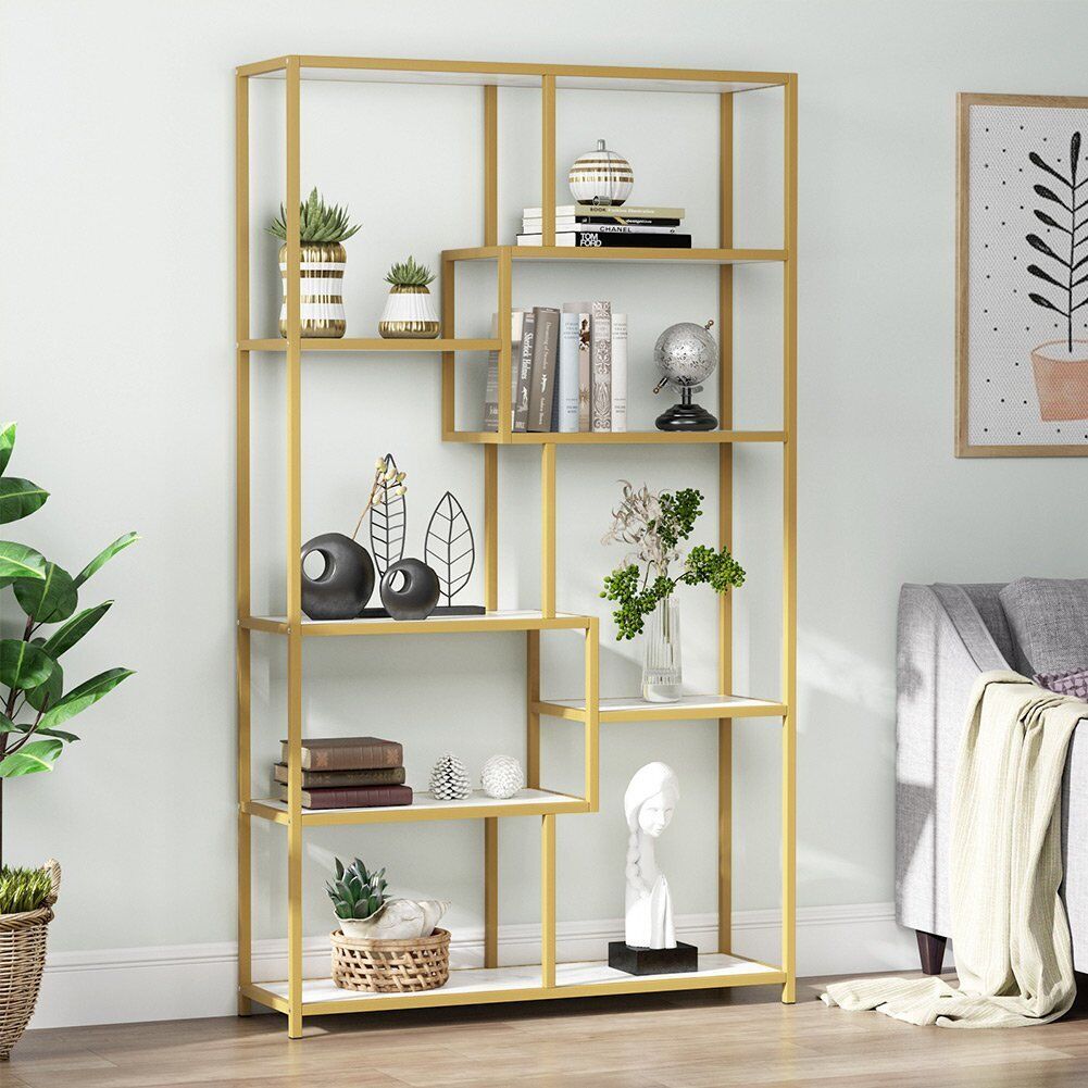 Tribesigns Bookshelf Bookcase Gold 8 Open Shelf Etagere Bookcase W/ Faux  Marble | Ebay Regarding Gold Bookcases (View 14 of 15)