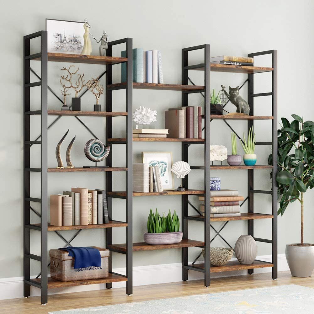 Tribesigns Etagere Large Open Bookshelf Triple Wide 5 Shelf Bookcase,  Vintage Industrial Style Shelves Wood And Metal Bookcase Furniture For Home  & Office, Vintage Brown – Walmart Throughout Brown Metal Bookcases (View 3 of 15)