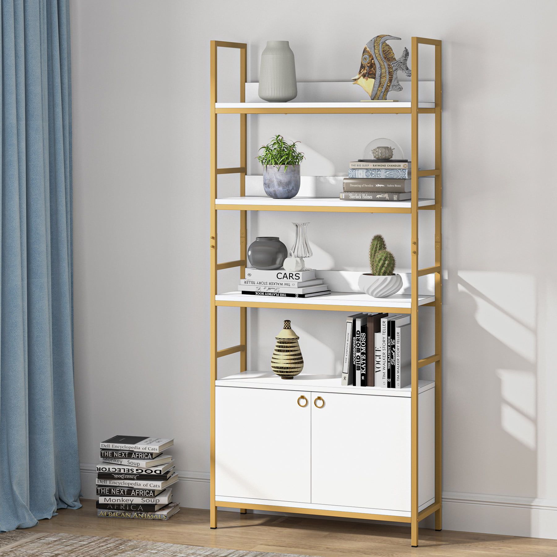Tribesigns Gold Bookcase With Doors, 4 Tier White Etagere Standard Bookshelf  With Storage Cabinet, Modern Book Shelves Display With Gold Metal Frame For  Home Office (white) – Walmart For Gold Bookcases (View 3 of 15)