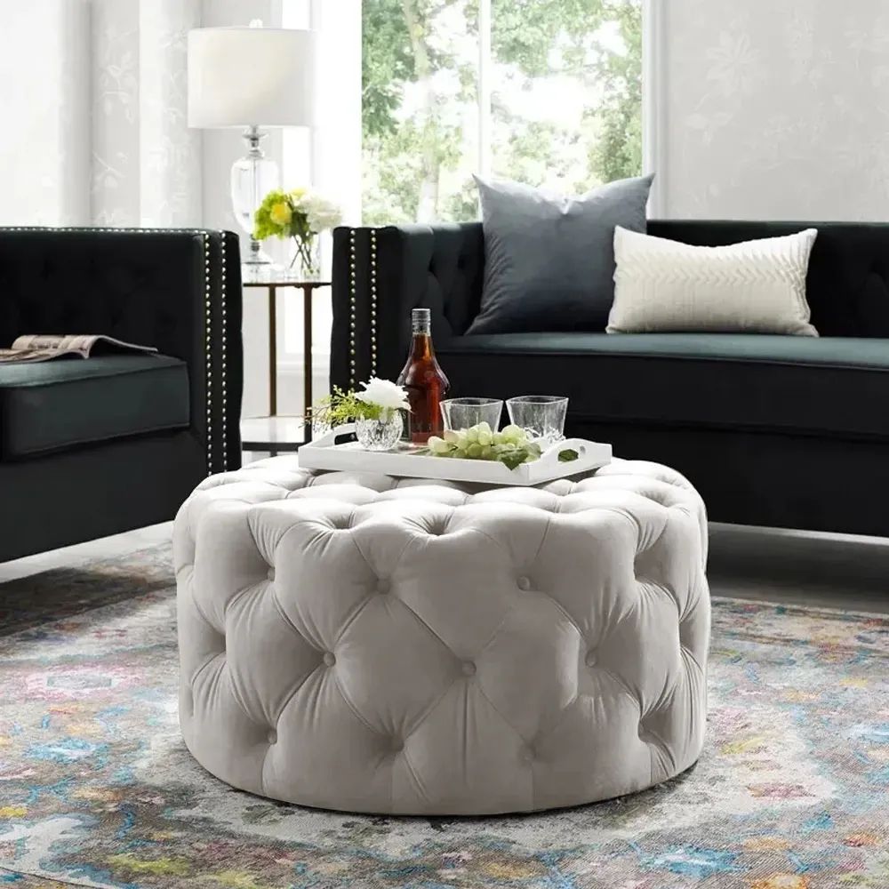 Tufted Ottoman Light Grey Velvet Coffee Table Tufted Cocktail Round Pouf  Small Homary With Light Gray Ottomans (View 1 of 15)