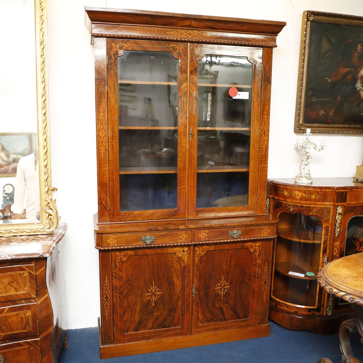 Two Door Bookcase With Inlays, Victorian Era | Mobili Sisi Antique Furniture Throughout Two Door Bookcases (View 8 of 15)