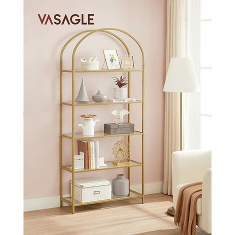 Vasagle 5 Tier Storage Shelf, Tempered Glass, Bookcase With Arch Design,  Robust Steel Structure, For Living Within Gold Glass Bookcases (View 12 of 15)