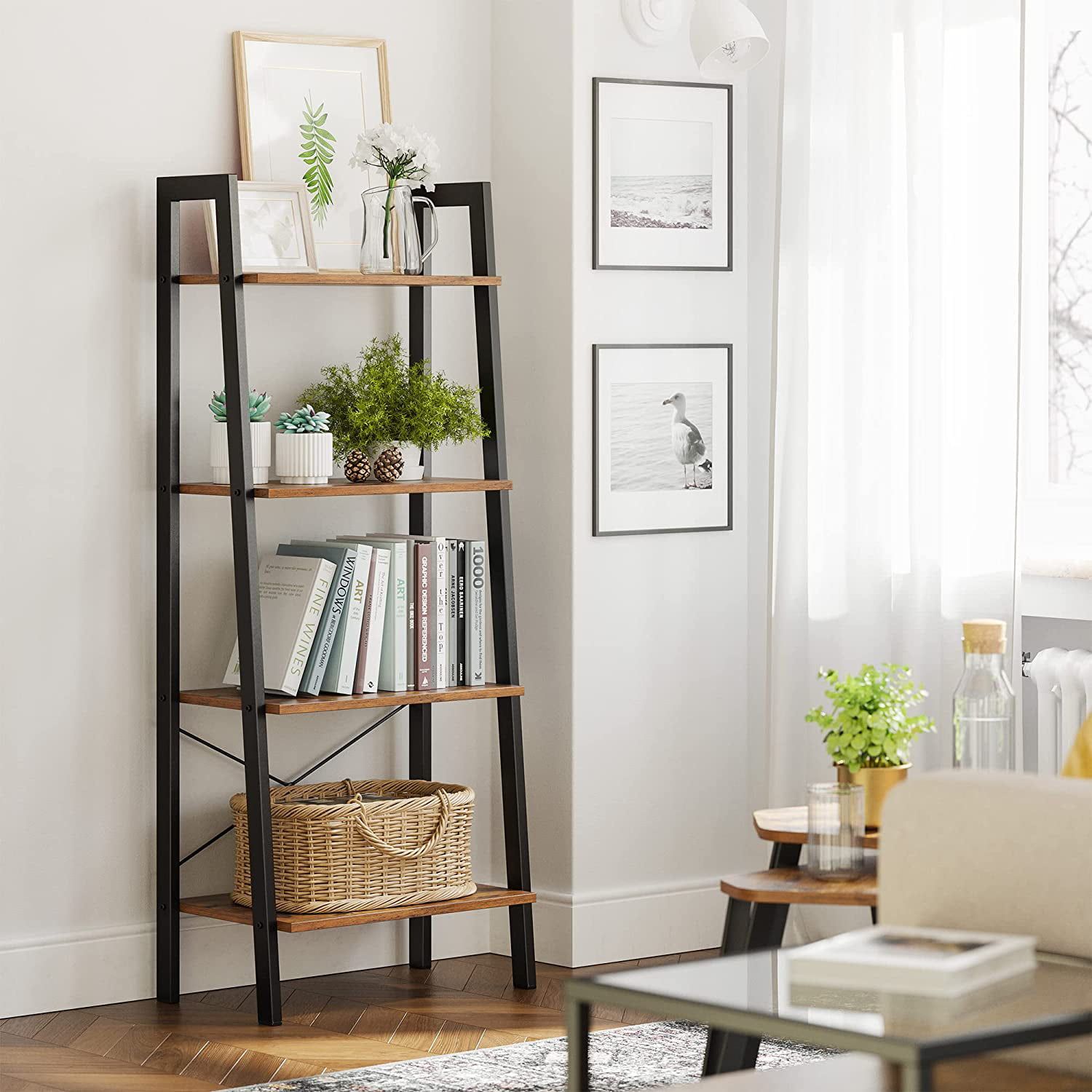 Vasagle Ladder Shelf, 4 Tier Bookshelf, Storage Rack, Bookcase With Steel  Frame, Industrial Style, Rustic Brown And Black – Walmart Regarding Four Tier Bookcases (View 4 of 15)