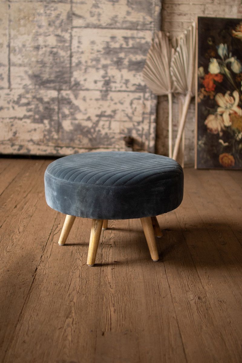Velvet Steel Blue Ottoman With Wooden Legs | The Gilded Thistle Pertaining To Gumdrop Denim Blue Ottomans (View 12 of 15)