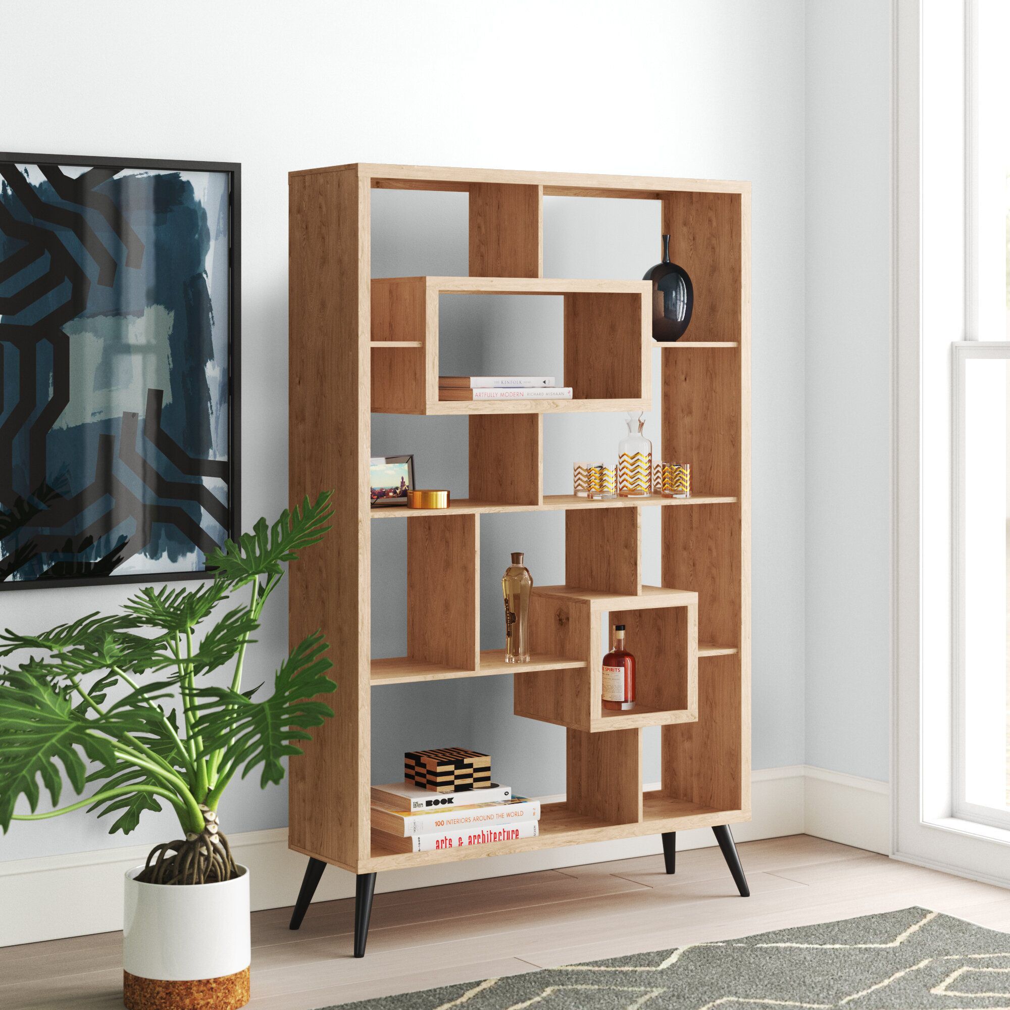 Wade Logan® Kayleen 75'' H X 47'' W Solid Wood Geometric Bookcase | Wayfair Intended For Geometric Bookcases (View 5 of 15)