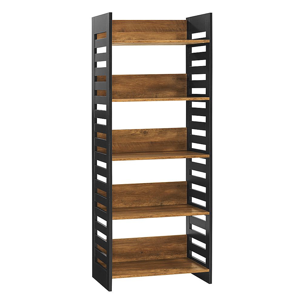 Walker Edison 64” Modern Slat Side 5 Shelf Bookcase Rustic Oak/solid Black  Bbs64hwslrosb – Best Buy Within Minimalist Open Slat Bookcases (View 6 of 15)