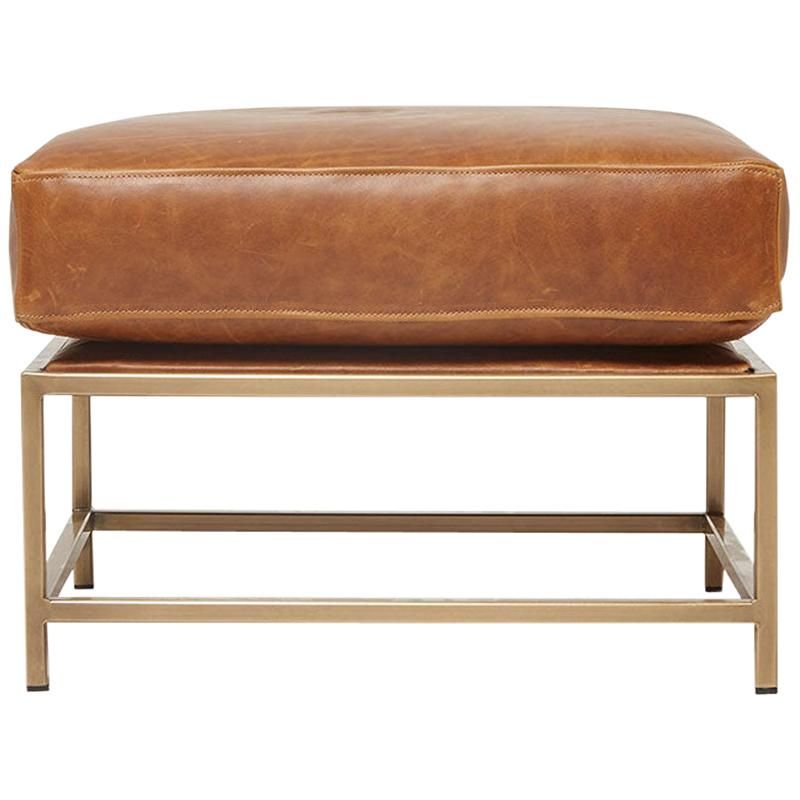 Waxed Potomac Tan Leather And Antique Brass Ottoman For Sale At 1stdibs With Regard To Antique Brass Ottomans (View 1 of 15)