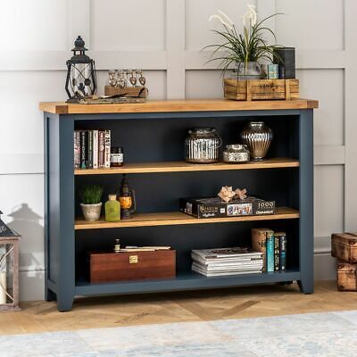 Westbury Blue Painted Wide Low Bookcase – Long Bookshelf 3 Shelf Oak Top –  Bp32 | Ebay Inside Blue Wood Bookcases (View 6 of 15)