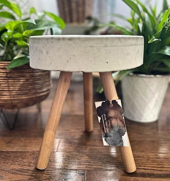 10 Inch Handmade Concrete & Wood Plant Stand – Etsy Intended For 10 Inch Plant Stands (View 2 of 15)