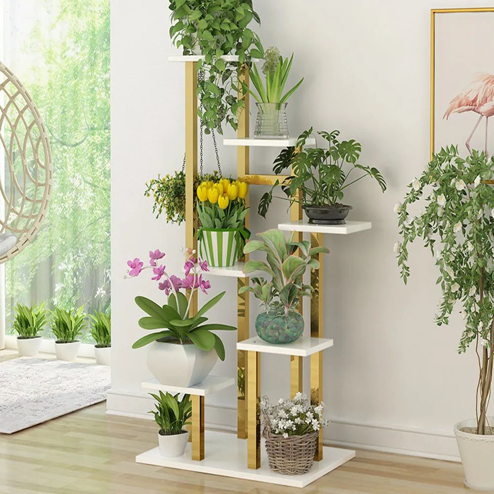 1200mm Modern Ladder 7 Tiered Plant Stand In Gold & White Homary For Modern Plant Stands (View 8 of 15)