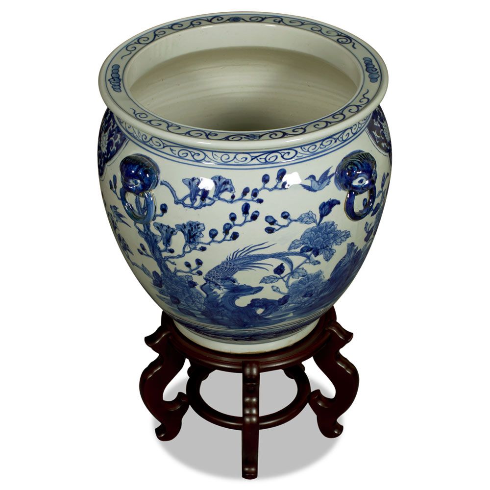 16in Blue White Porcelain Bird Flower Asian Fishbowl Planter With Regard To Fishbowl Plant Stands (View 12 of 15)