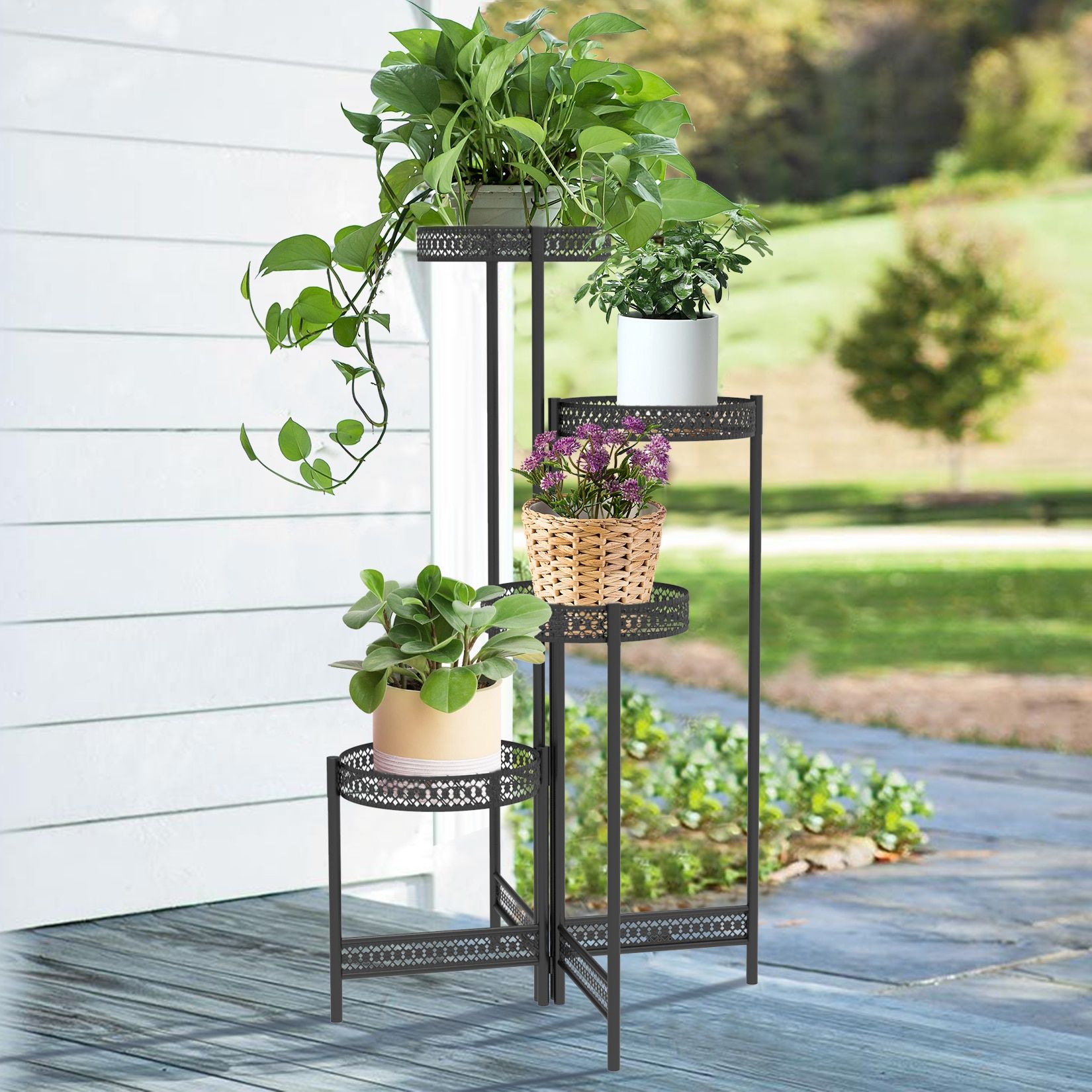 3/4 Tier Metal Plant Stand Indoor Black Tall Flower Pot Holder Display Rack  Foldable For Patio Garden Living Room Corner Balcony – Plant Shelves –  Aliexpress With Four Tier Metal Plant Stands (View 7 of 15)