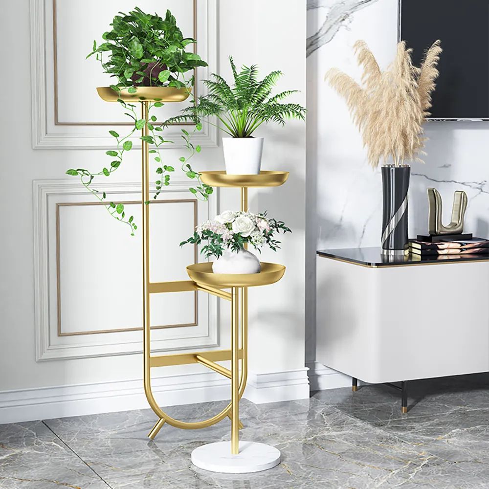 3 Tier Tall Metal Standing Plant Stand Chic Unique Shaped Planter In Gold  Homary For Gold Plant Stands (View 6 of 15)