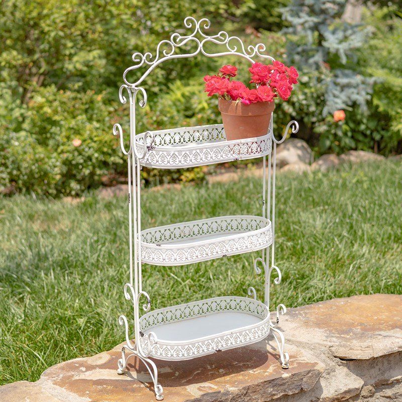 Antique White Or Antique Grey Metal Three Tier Plant Stand — Museum Outlets Within Ancient Grey Plant Stands (View 3 of 15)