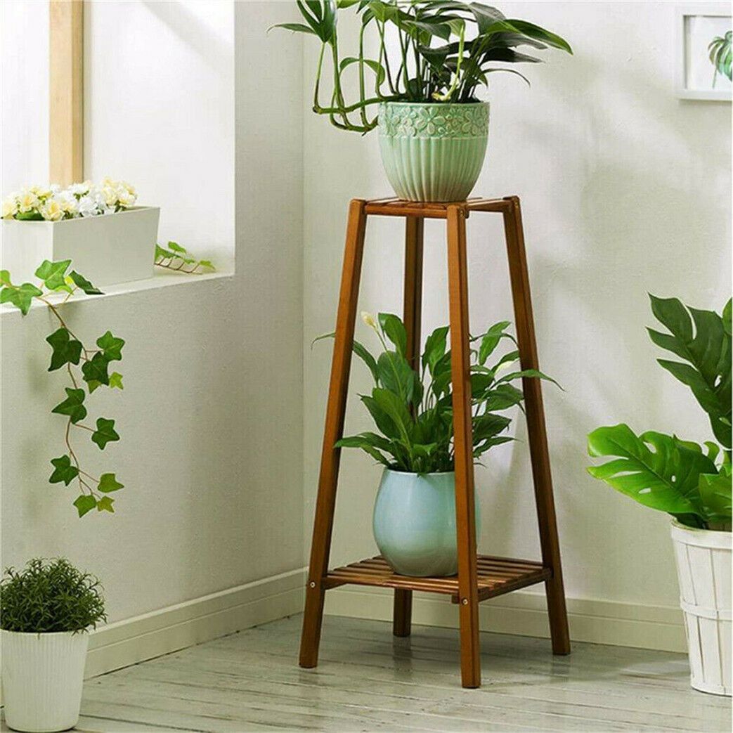 Bamboo 2 Tier Tall Plant Stand Pot Holder Small Space Table Garden Planter  Brown | Ebay Throughout Brown Plant Stands (View 3 of 15)
