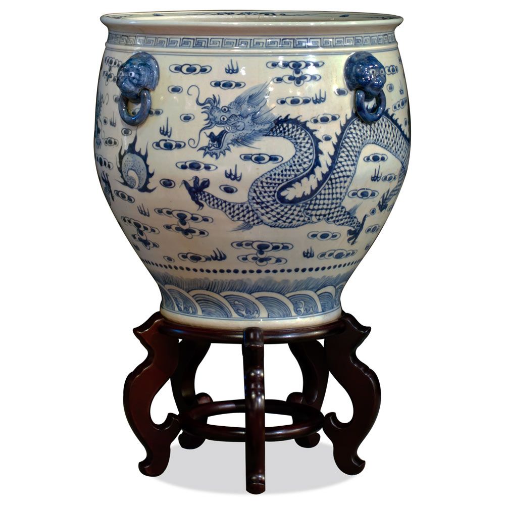 Blue And White Porcelain Dragon Fishbowl In Fishbowl Plant Stands (View 13 of 15)