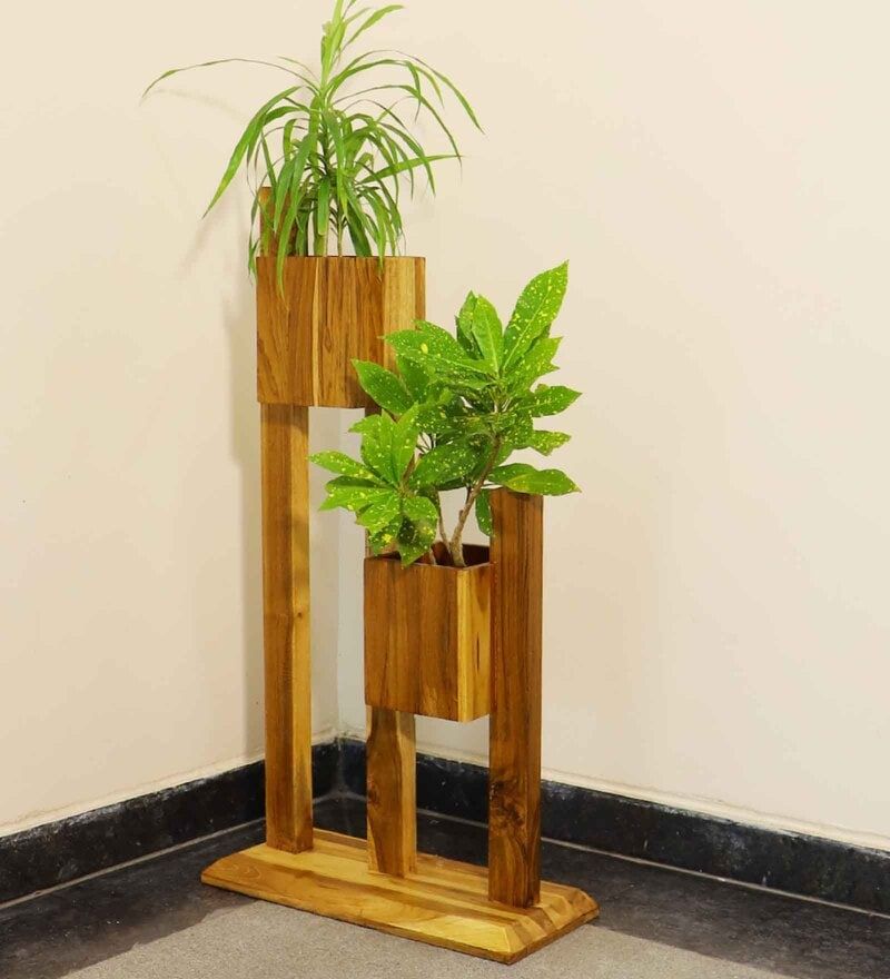 Buy Brown Teak Wood Dual Planter Standwisekrafter Online – Wooden Planter  Stands – Pots & Planters – Home Decor – Pepperfry Product Throughout Brown Plant Stands (View 15 of 15)
