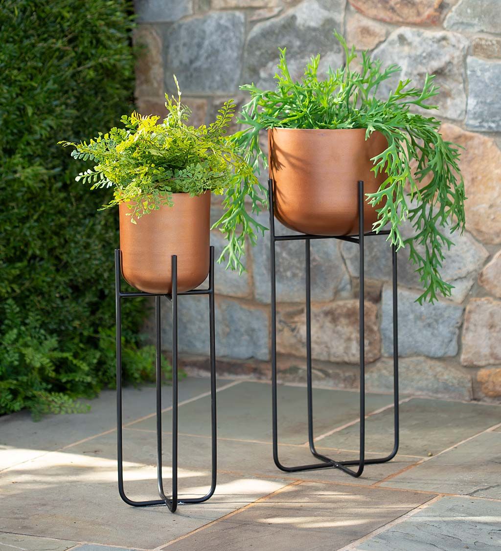 Copper Finish Planters On Stand, Set Of 2 | Vivaterra Pertaining To Copper Plant Stands (View 8 of 15)