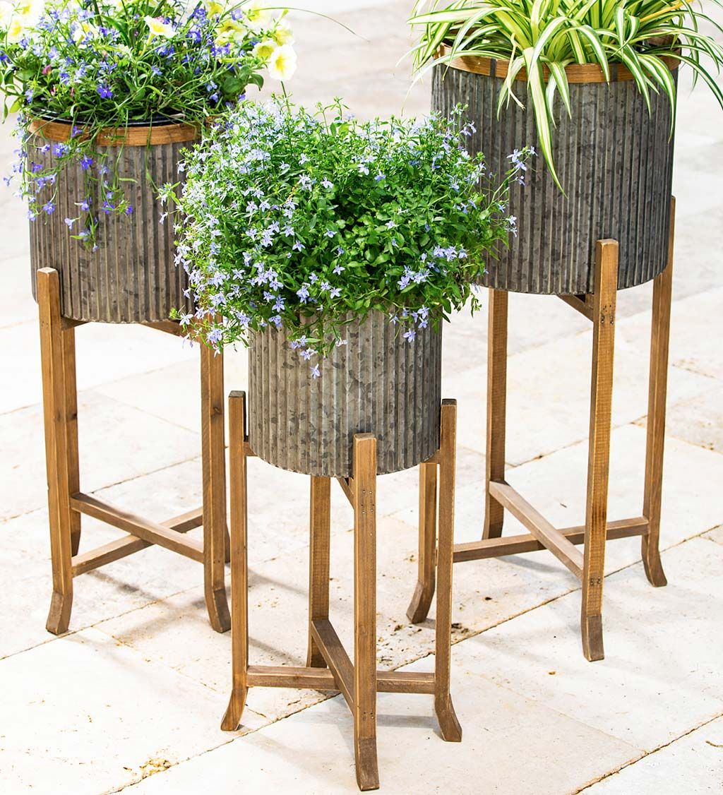 Corrugated Galvanized Metal Planter With Wooden Stand, Set Of 3 | Plowhearth For Galvanized Plant Stands (View 4 of 15)