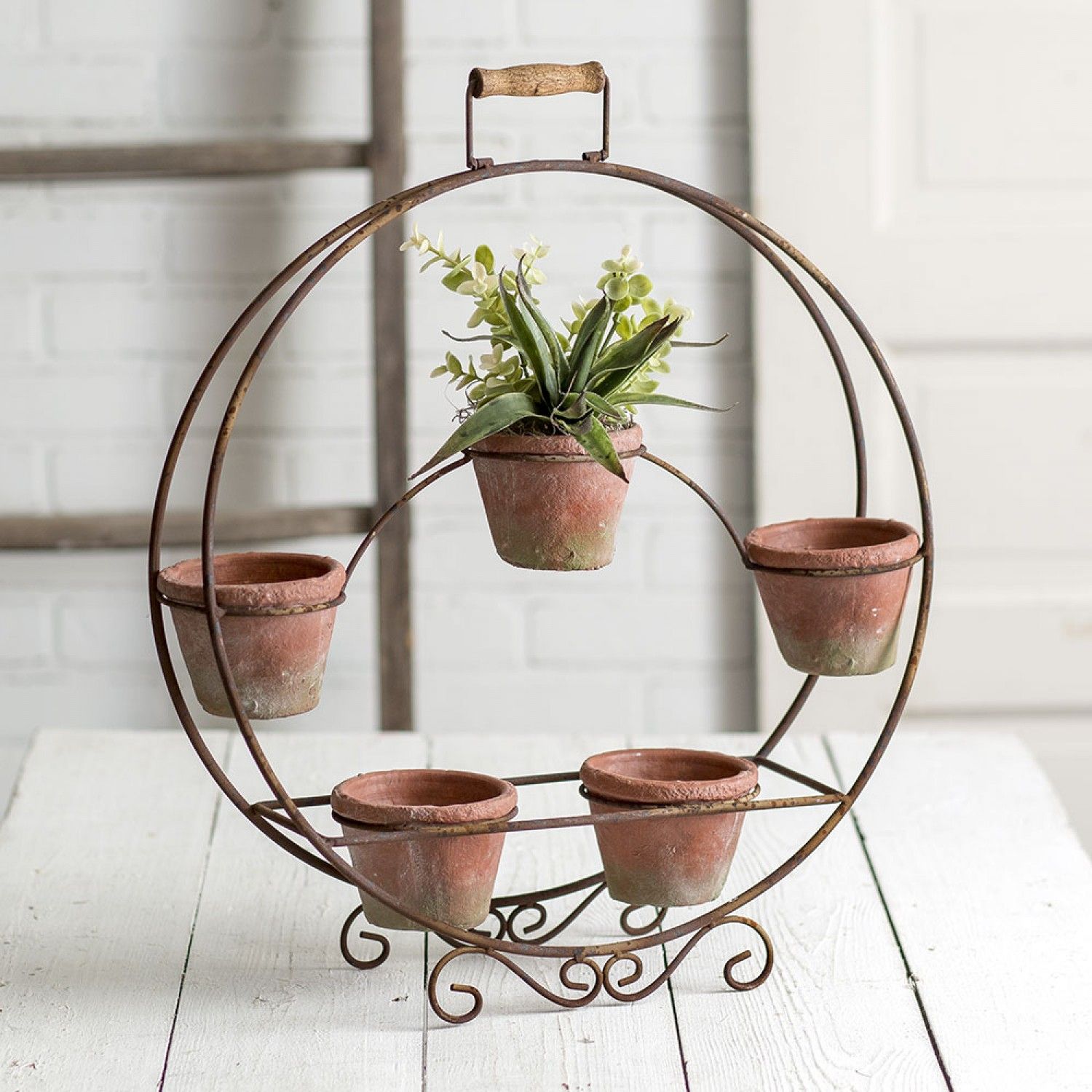 Farmhouse Rustic Round Plant Stand With Terra Cotta Pots Intended For Round Plant Stands (View 14 of 15)